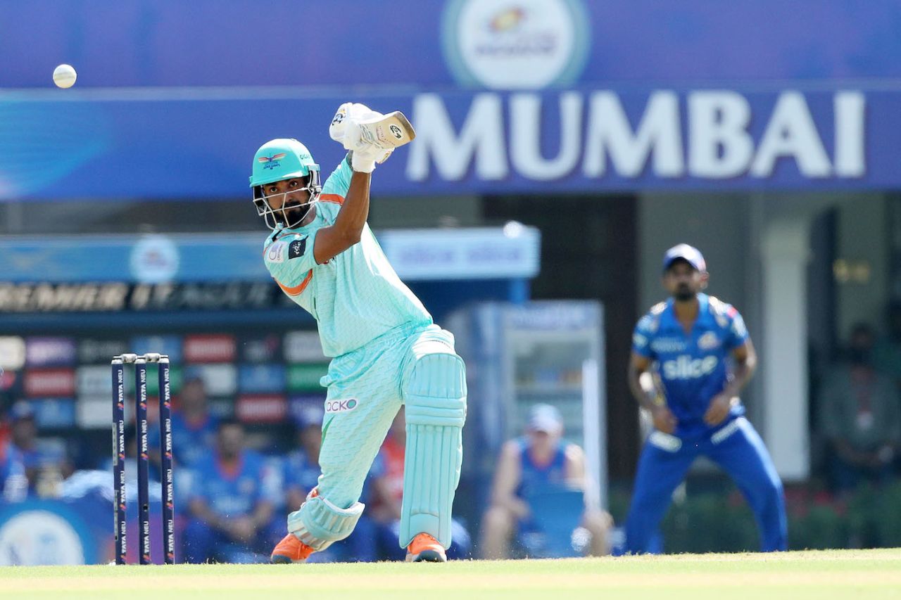 KL Rahul was cautious at the top, but did play a few powerful shots, Lucknow Super Giants vs Mumbai Indians, IPL 2022, Brabourne Stadium, Mumbai, April 16, 2022