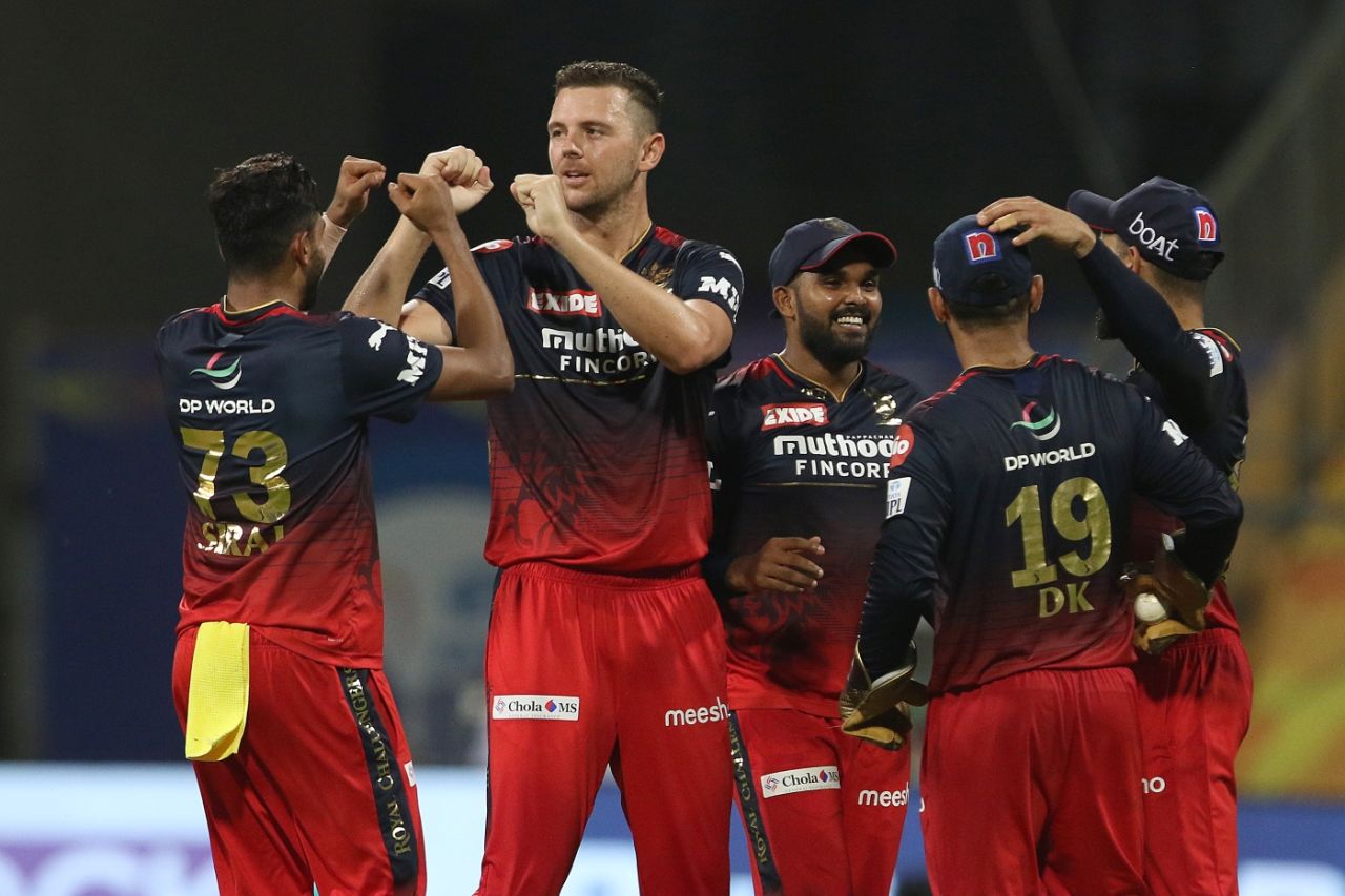 Josh Hazlewood claimed the wickets of Rovman Powell and Lalit Yadav in the same over, Delhi Capitals vs Royals Challengers Bangalore, IPL 2022, Wankhede Stadium, Mumbai, April 16, 2022