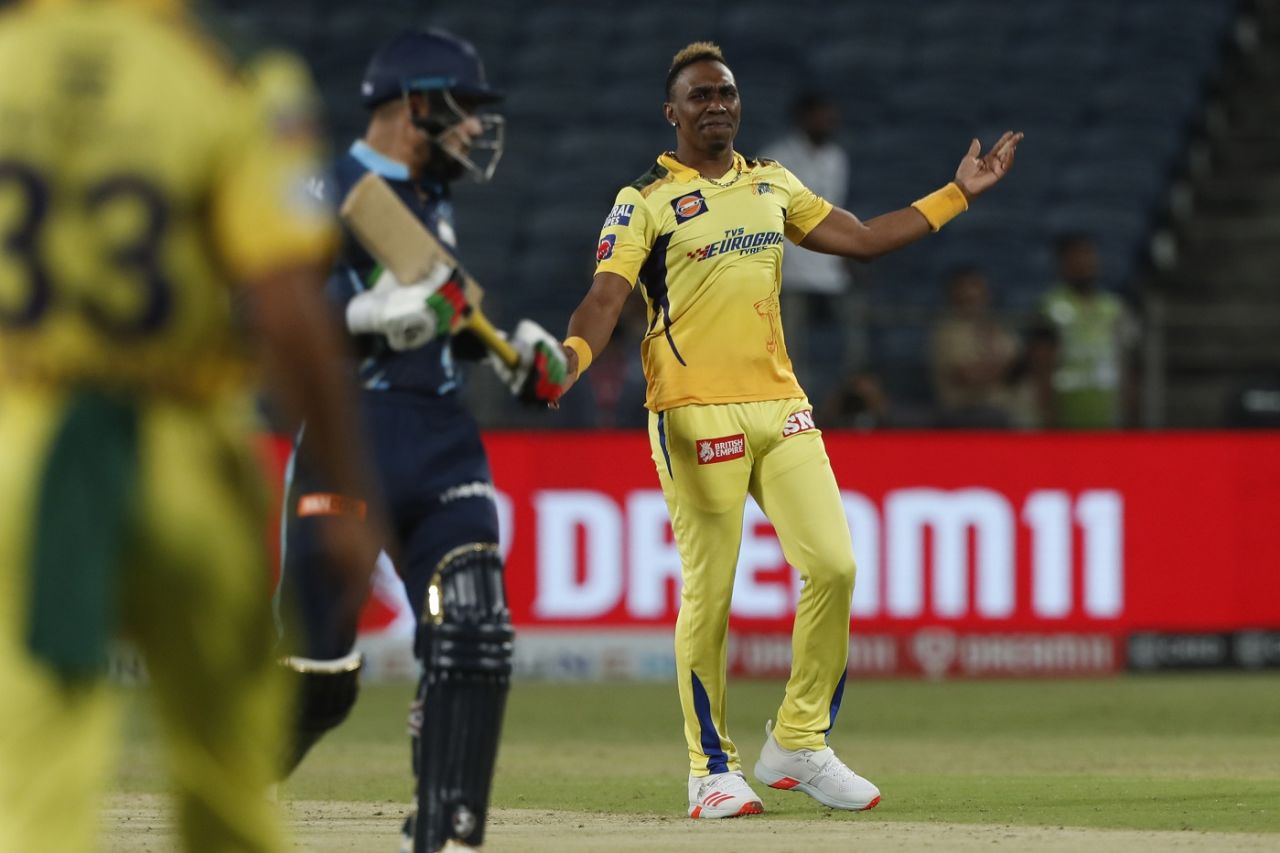 Dwayne Bravo reacts to a poor piece of fielding, Gujarat Titans vs Chennai Super Kings, IPL 2022, Pune, April 17, 2022
