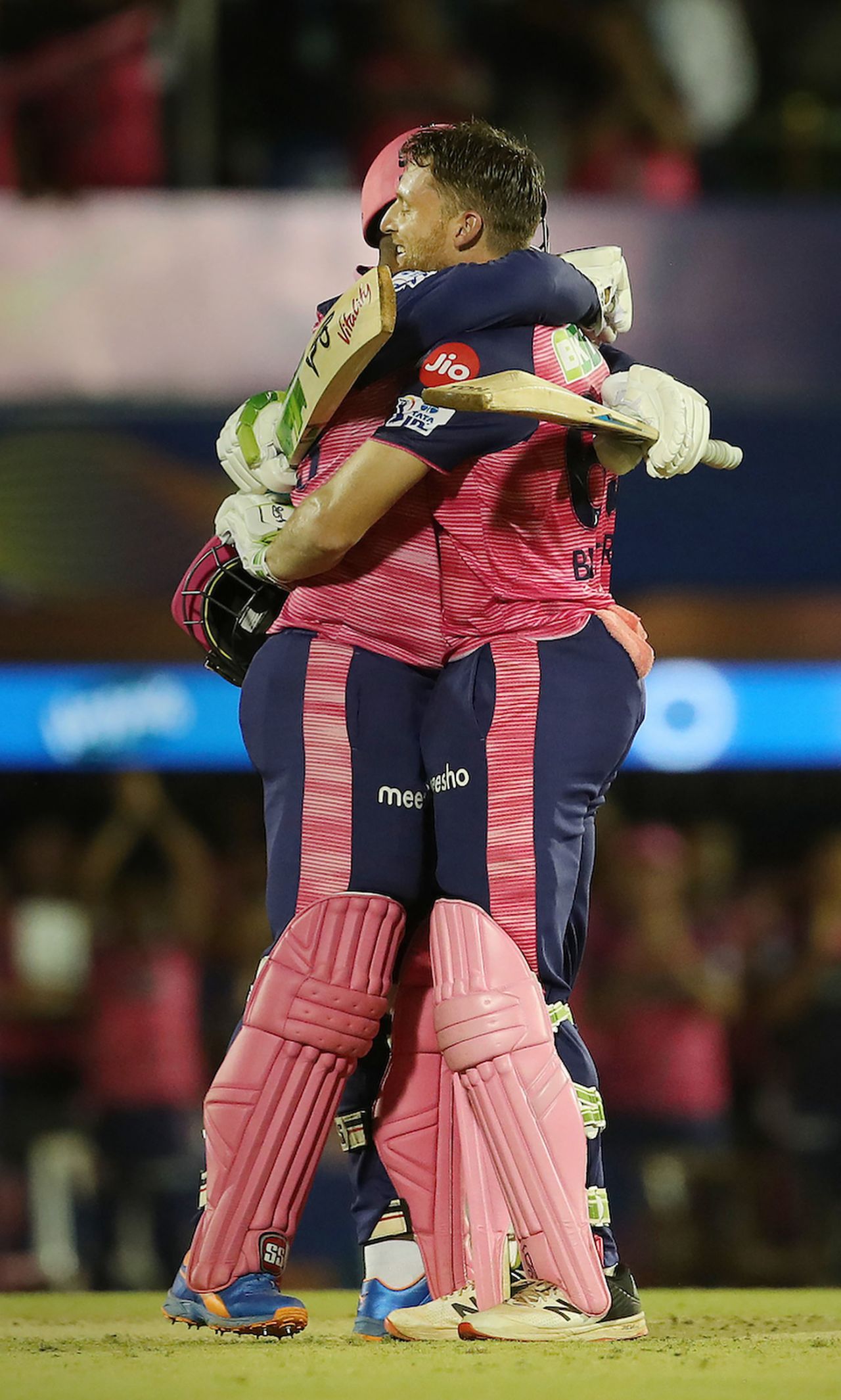 Shimron Hetmyer greets Jos Buttler with a bear hug after the latter's century, Kolkata Knight Riders vs Rajasthan Royals, IPL 2022, Brabourne Stadium, Mumbai, April 18, 2022