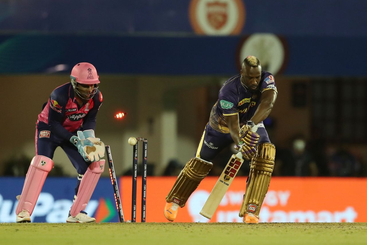 Andre Russell is bowled by an R Ashwin carrom ball, Kolkata Knight Riders vs Rajasthan Royals, IPL 2022, Brabourne Stadium, April 18, 2022