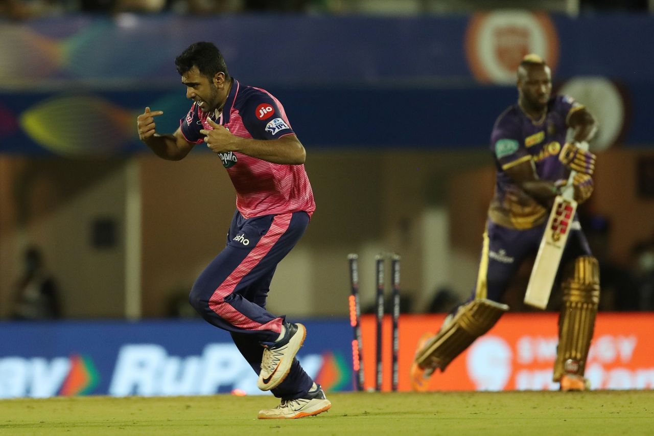 R Ashwin is pumped up after dismissing Andre Russell with a carrom ball, Kolkata Knight Riders vs Rajasthan Royals, IPL 2022, Brabourne Stadium, April 18, 2022