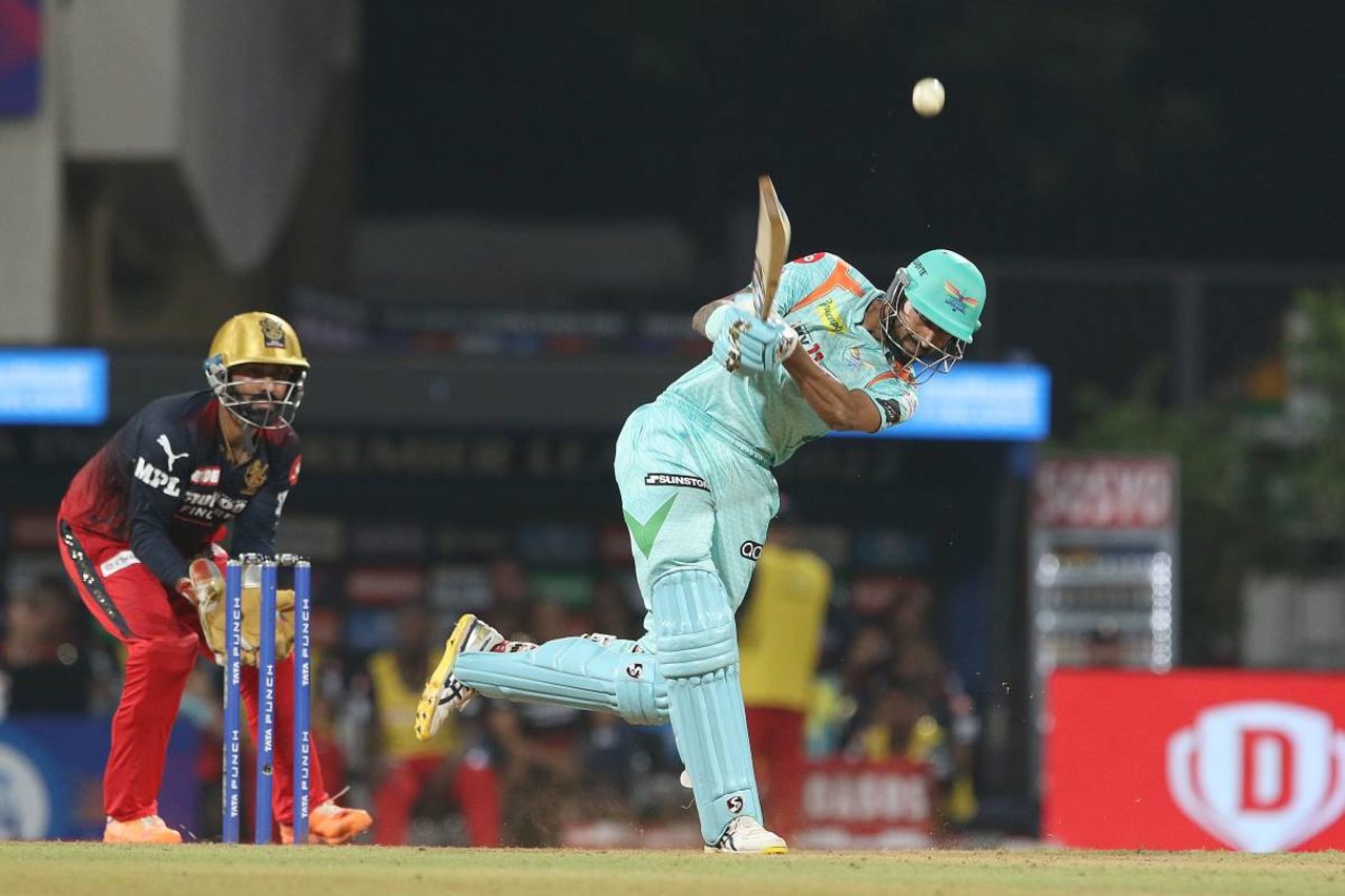 Krunal Pandya waltzs one through the leg side, Lucknow Supergiants v Royal Challengers Bangalore, IPL 2022, Navi Mumbai, April 19, 2022
