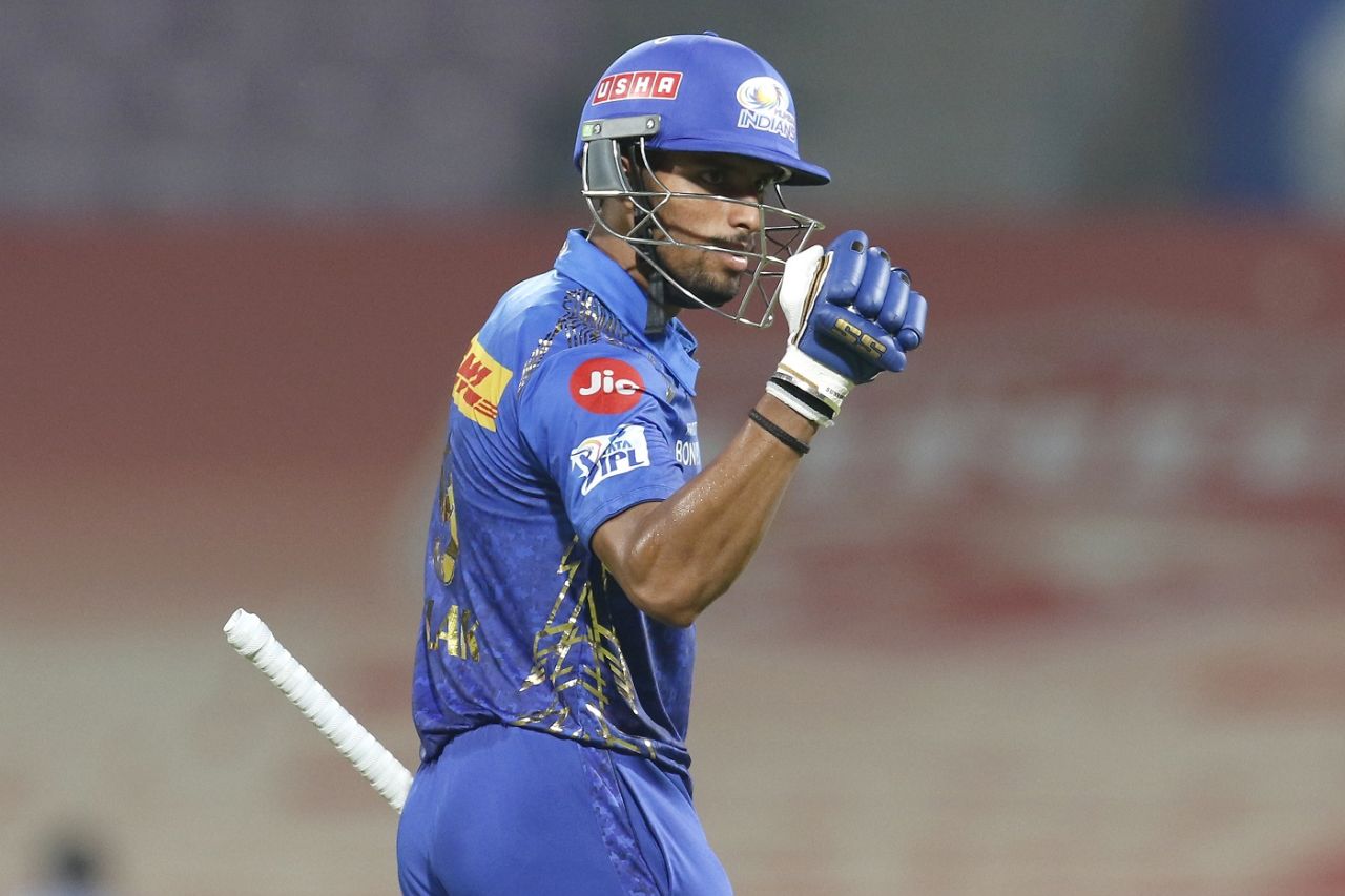 Tilak Varma celebrates after reaching a hard-fought fifty, Chennai Super Kings vs Mumbai Indians, IPL 2022, DY Patil, Navi Mumbai, April 21, 2022