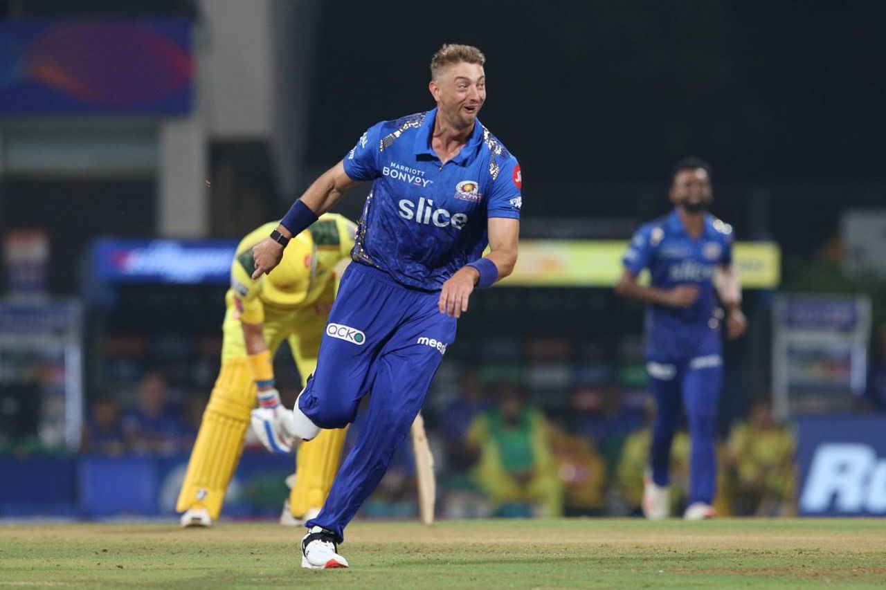 Daniel Sams picked up two early wickets, Mumbai Indians v Chennai Super Kings, IPL 2022, DY Patil Stadium, Navi Mumbai, April 21, 2022