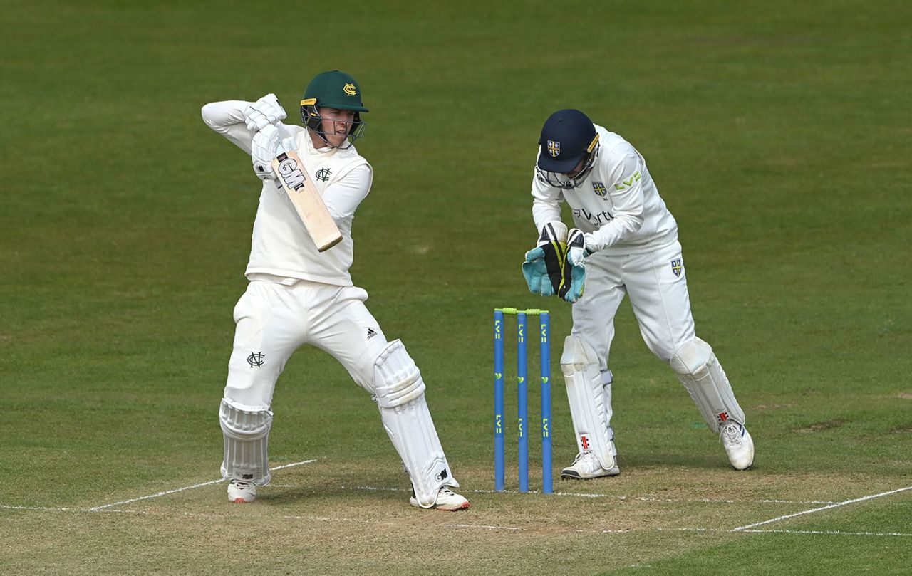 Ben Slater cuts on on his way past fifty, Durham vs Nottinghamshire, LV= Insurance Championship, Division Two, 2nd day, Chester-le-Street, April 21, 2022