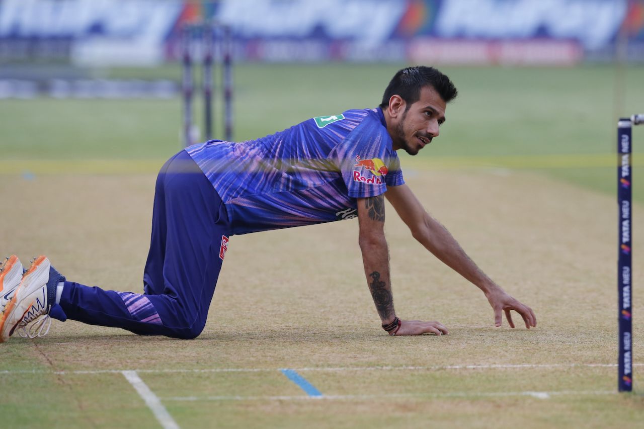 Yuzvendra Chahal has a look at the pitch ahead of the toss, Delhi Capitals vs Rajasthan Royals, IPL 2022, Wankhede Stadium, April 22, 2022