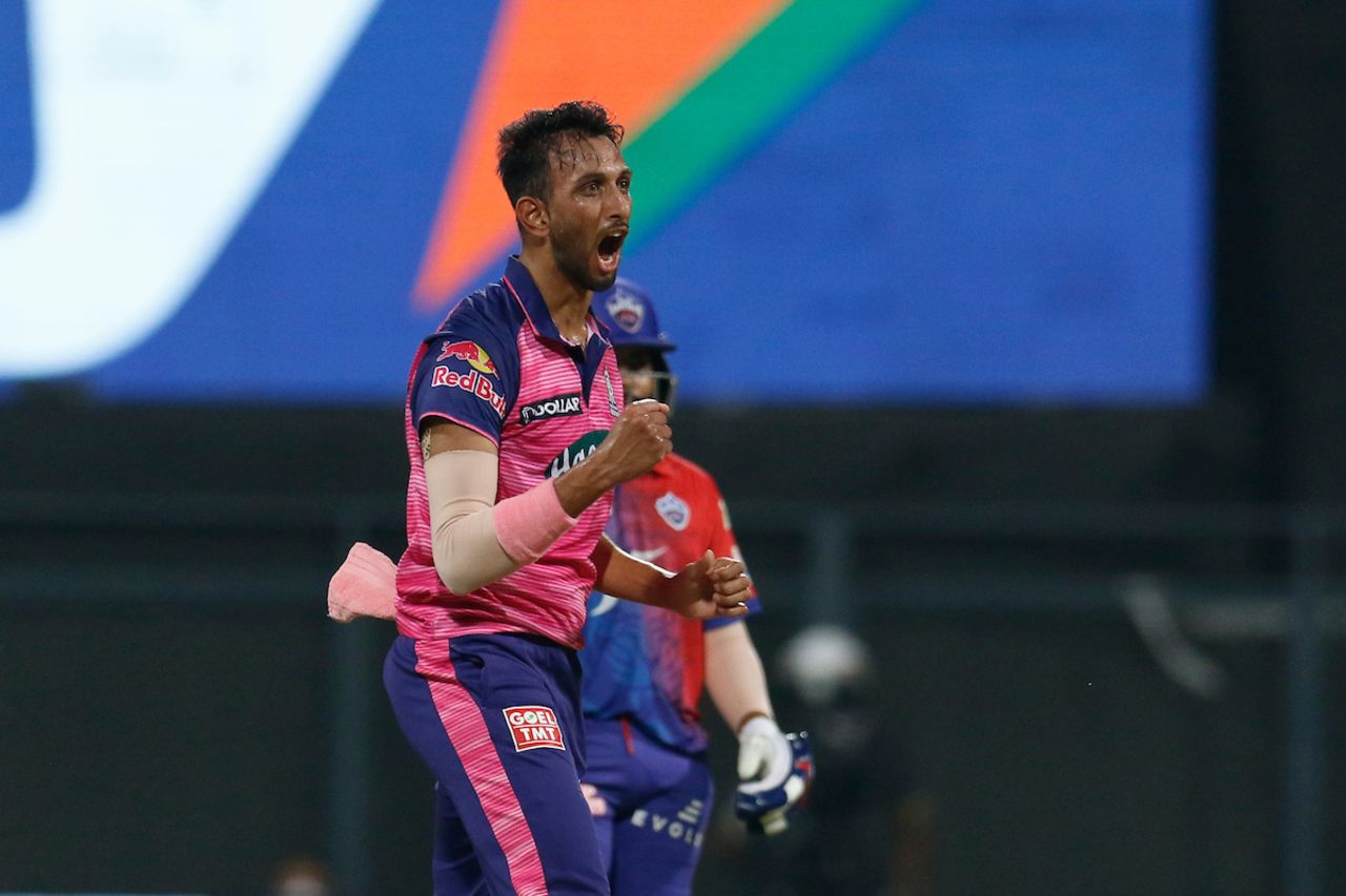 Prasidh Krishna is pumped after getting rid of David Warner, Delhi Capitals vs Rajasthan Royals, IPL 2022, Wankhede Stadium, Mumbai, April 22, 2022
