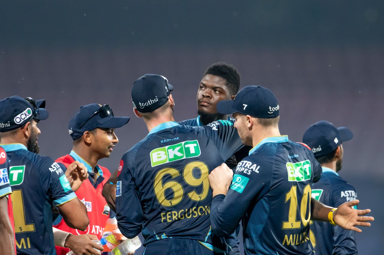 Alzarri Joseph and Lockie Ferguson combined to pick up the big wicket of Andre Russell, Gujarat Titans vs Kolkata Knight Riders, IPL 2022, DY Patil Stadium, Mumbai, April 23, 2022