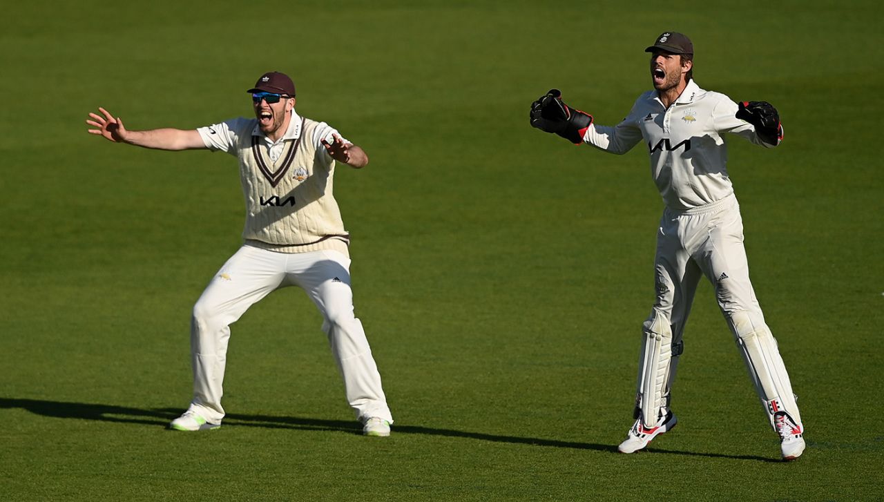 Ben Foakes and Jamie Overton appeal for an lbw decision, Surrey vs Somerset, LV= Insurance Championship, division one, 1st day, The Kia Oval, April 21, 2022