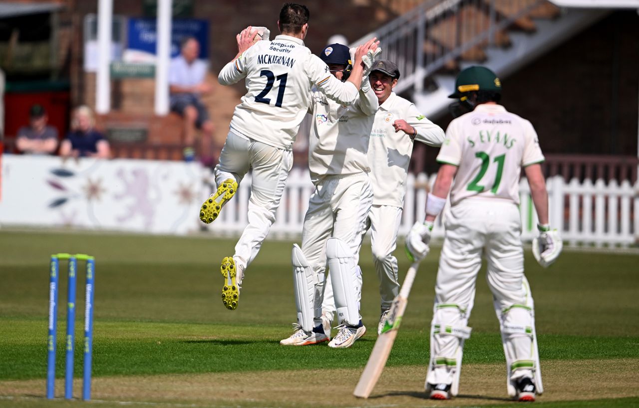 Mattie McKiernan scored a hundred and took two wickets in the match, Leicestershire vs Derbyshire, LV= Insurance Championship, Division Two, Grace Road, 1st day, April 21, 2022