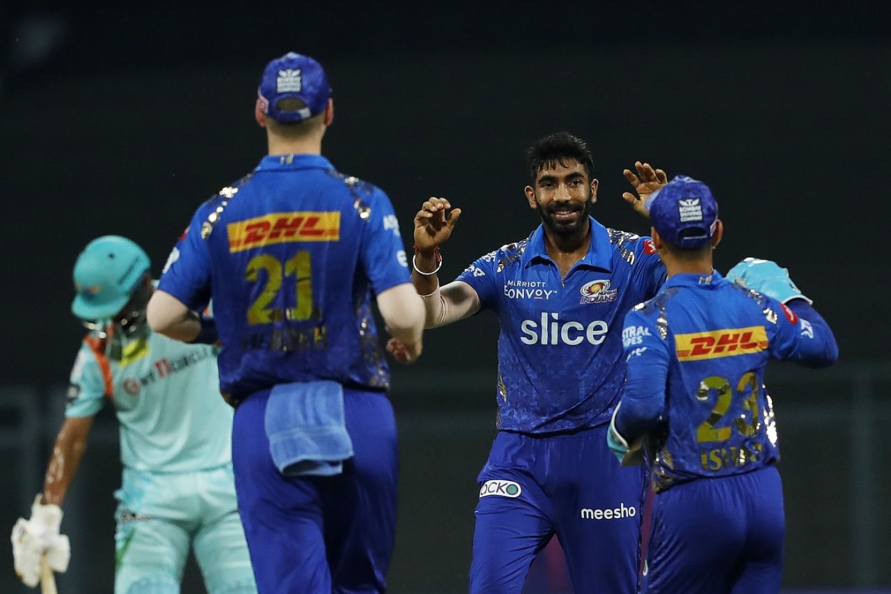 Jasprit Bumrah is all smiles after picking the wicket of Quinton de Kock, Lucknow Super Giants vs Mumbai Indians, IPL 2022, Wankhede Stadium, April 24, 2022