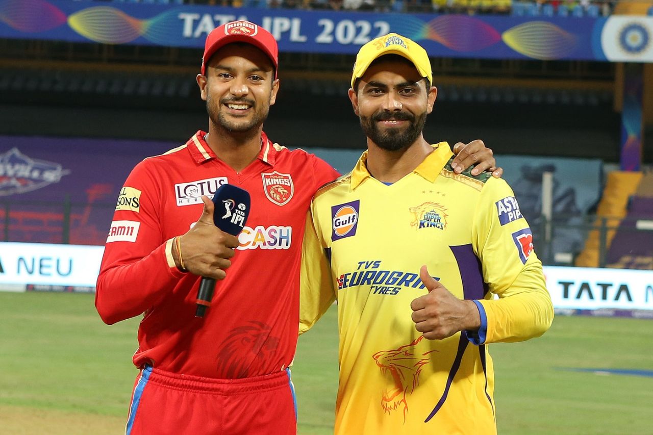 Ravindra Jadeja and Mayank Agarwal pose for the camera at the toss, Chennai Super Kings vs Punjab Kings, IPL 2022, Wankhede Stadium, April 25, 2022