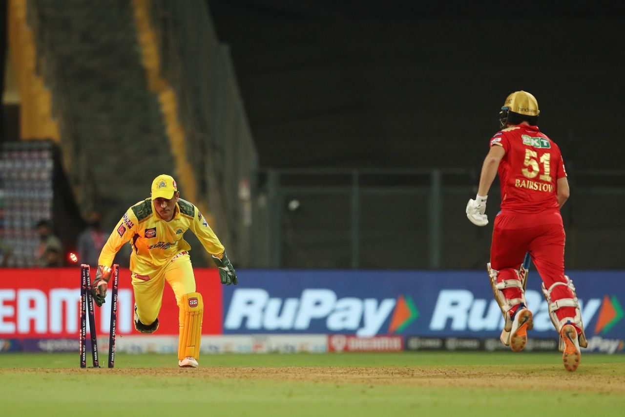 Jonny Bairstow is run out by MS Dhoni off the final ball, Chennai Super Kings vs Punjab Kings, IPL 2022, Wankhede Stadium, Mumbai, April 25, 2022