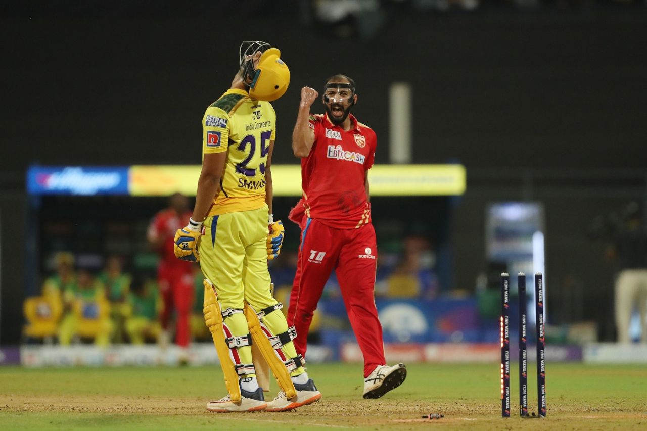 Rishi Dhawan is pumped up after picking up the wicket of Shivam Dube, Chennai Super Kings vs Punjab Kings, IPL 2022, Wankhede Stadium, Mumbai, April 25, 2022
