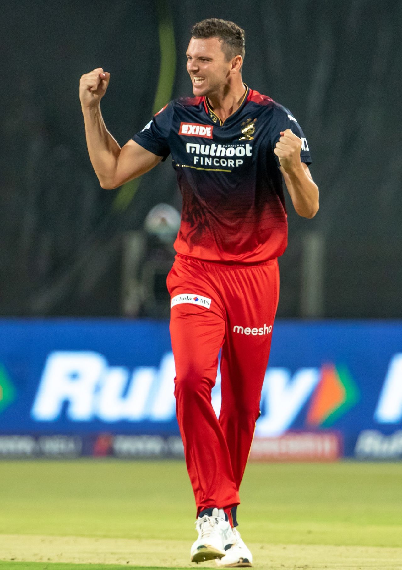 Josh Hazlewood is pumped up after picking a wicket, Rajasthan Royals vs Royal Challengers Bangalore, IPL 2022, Pune, April 26, 2022