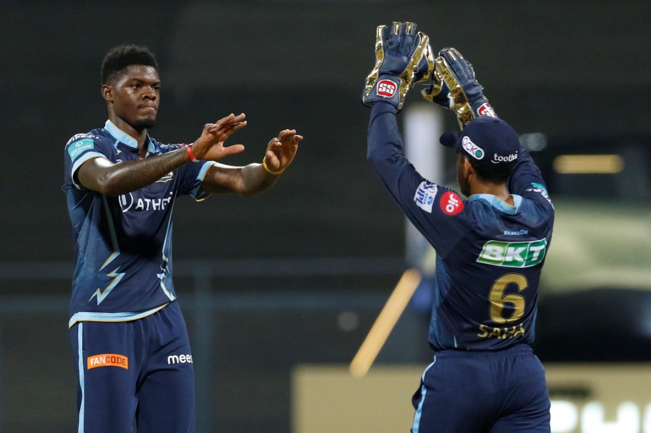 Alzarri Joseph celebrates the wicket of Abhishek Sharma, Gujarat Titans vs Sunrisers Hyderabad, IPL 2022, Wankhede Stadium, Mumbai, April 27, 2022