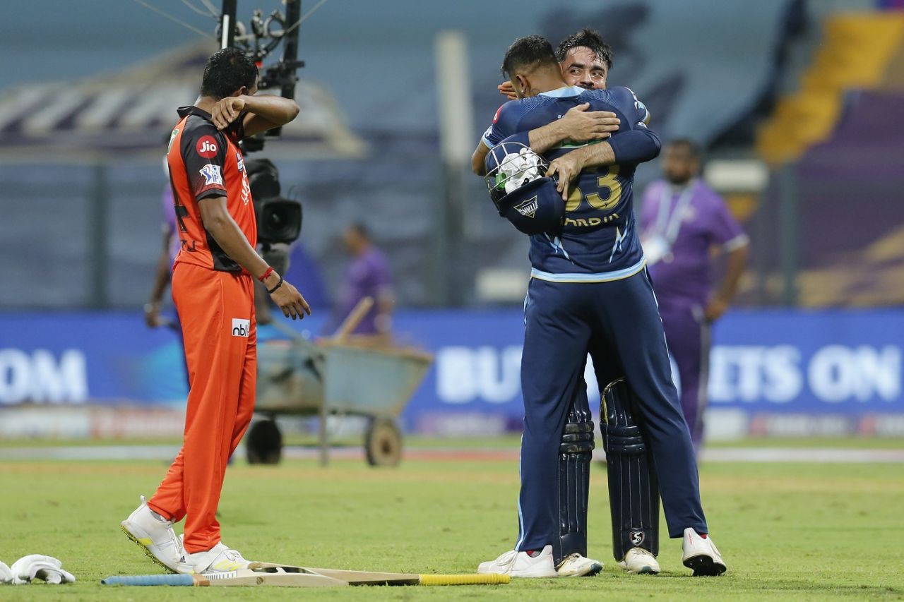 Hardik Pandya hugs Rashid Khan after another dramatic Titans win, Gujarat Titans vs Sunrisers Hyderabad, IPL 2022, Wankhede Stadium, Mumbai, April 27, 2022
