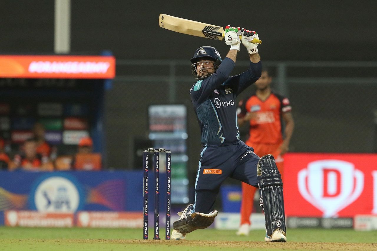 Rashid Khan flays a six over extra cover, Gujarat Titans vs Sunrisers Hyderabad, IPL 2022, Wankhede Stadium, Mumbai, April 27, 2022