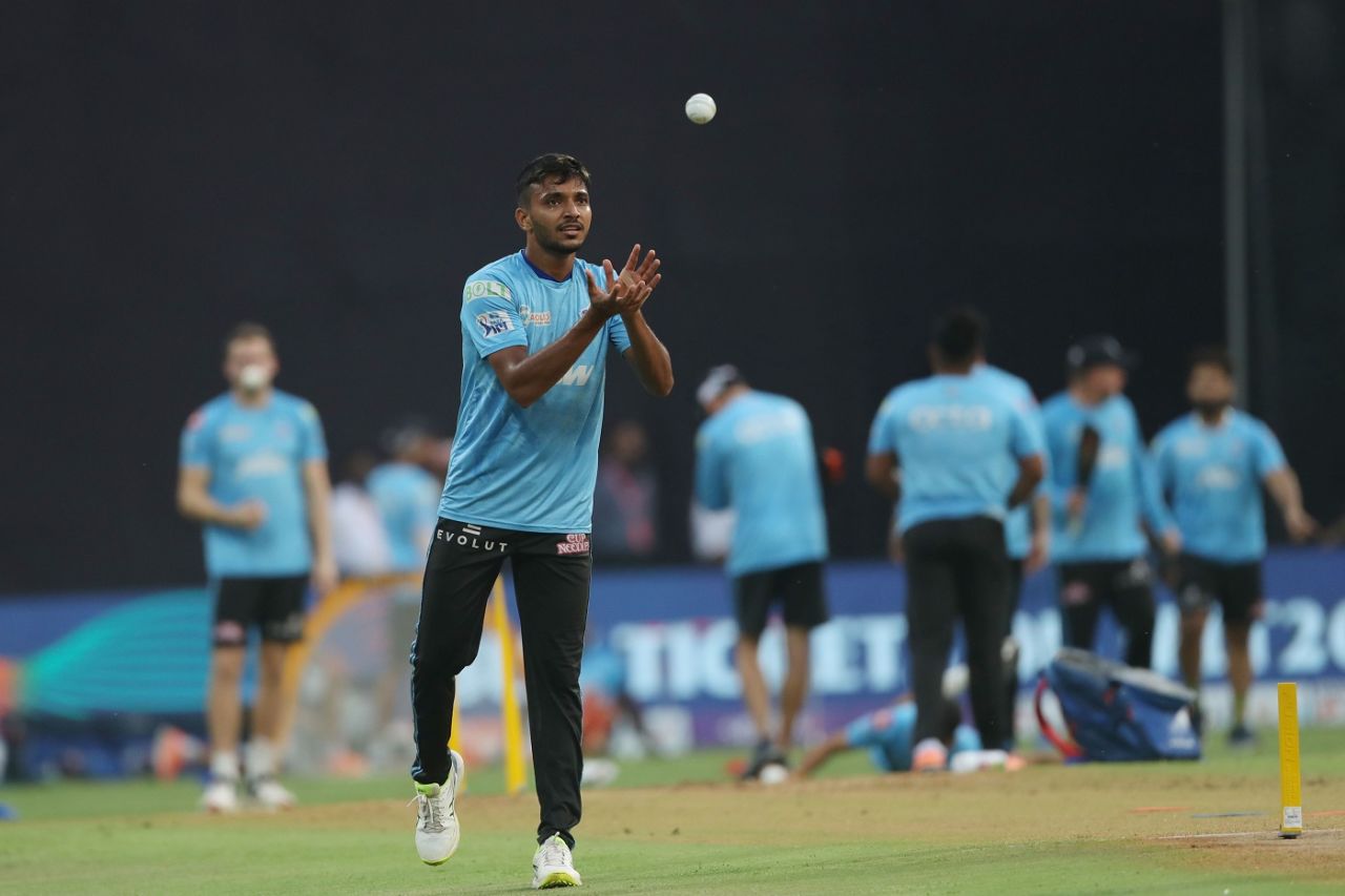 Chetan Sakariya warms up ahead of the game, Delhi Capitals vs Kolkata Knight Riders, IPL 2022, Wankhede Stadium, Mumbai, April 28, 2022