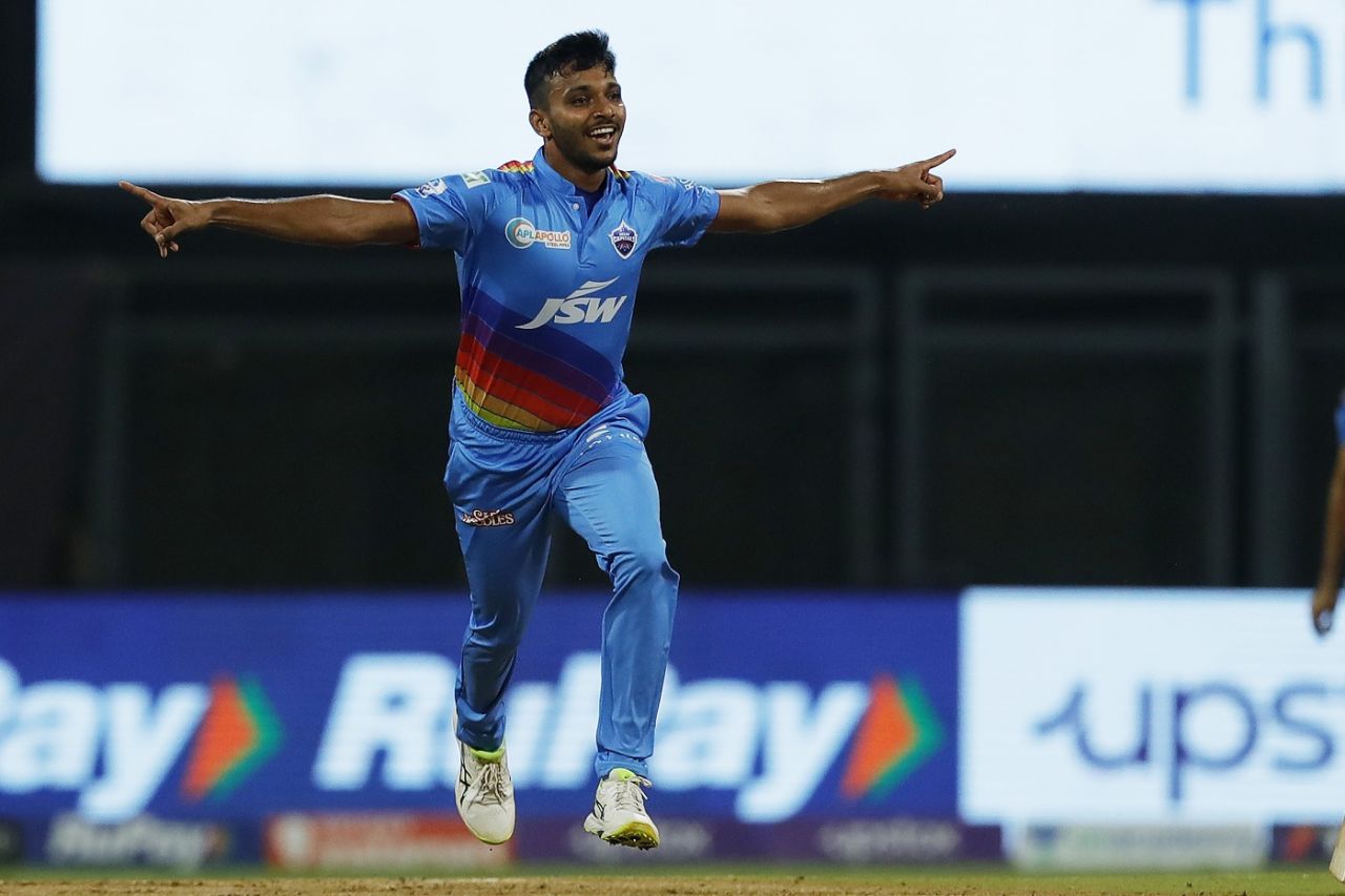 Chetan Sakariya celebrates the dismissal of Aaron Finch, Delhi Capitals vs Kolkata Knight Riders, IPL 2022, Wankhede Stadium, Mumbai, April 28, 2022