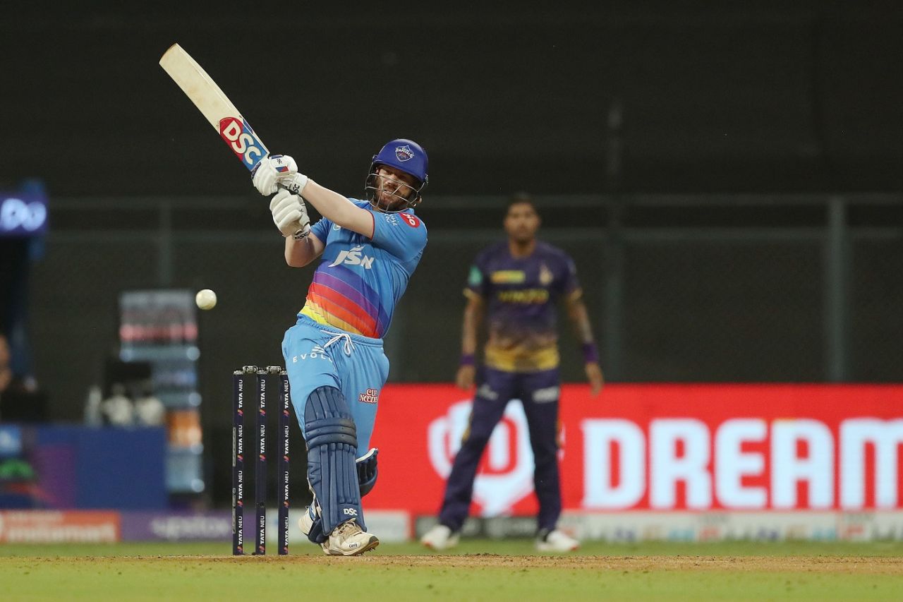 David Warner hammers a shot through the leg side, Delhi Capitals vs Kolkata Knight Riders, IPL 2022, Wankhede Stadium, Mumbai, April 28, 2022