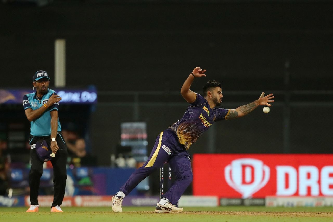 Umpire Anil Chaudhary takes evasive action while Nitish Rana dives to his left, IPL 2022, Wankhede Stadium, Mumbai, April 28, 2022