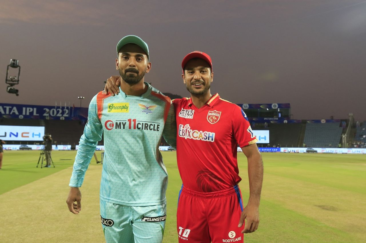 Mayank Agarwal and KL Rahul pictured at the toss, Lucknow Super Giants vs Punjab Kings, IPL 2022, Pune, April 29, 2022