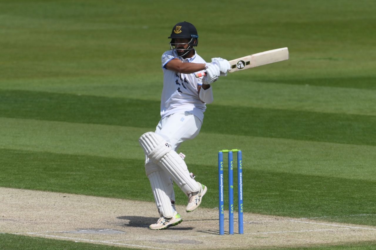 Cheteshwar Pujara plays a hook shot, Sussex v Durham, LV= Insurance Championship, Division Two, Hove, April 29, 2022
