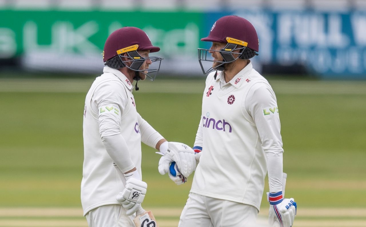 Luke Procter is congratulated by team-mate Gareth Berg on reaching his century, Essex vs Northamptonshire, LV= Insurance Championship, Division One, Chelmsford, April 29, 2022