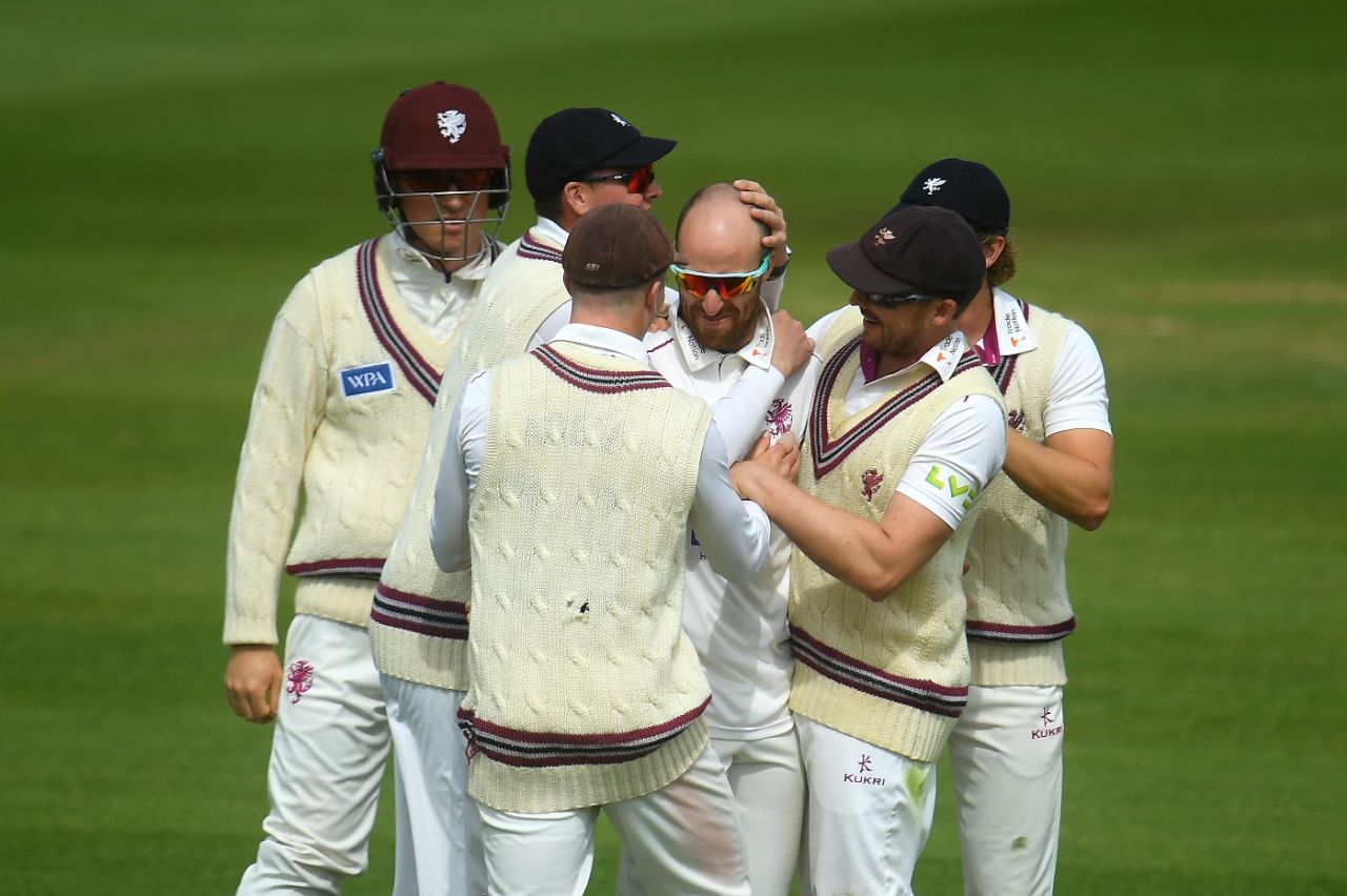 Jack Leach celebrates a wicket, Somerset vs Warwickshire, LV= Insurance Championship, Division One, Taunton, April 30, 2022