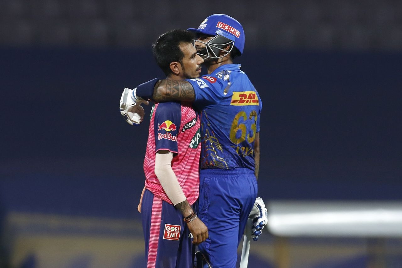 Suryakumar Yadav gives Yuzvendra Chahal a bear hug, Mumbai Indians vs Rajasthan Royals, IPL 2022, DY Patil, Navi Mumbai, April 30, 2022