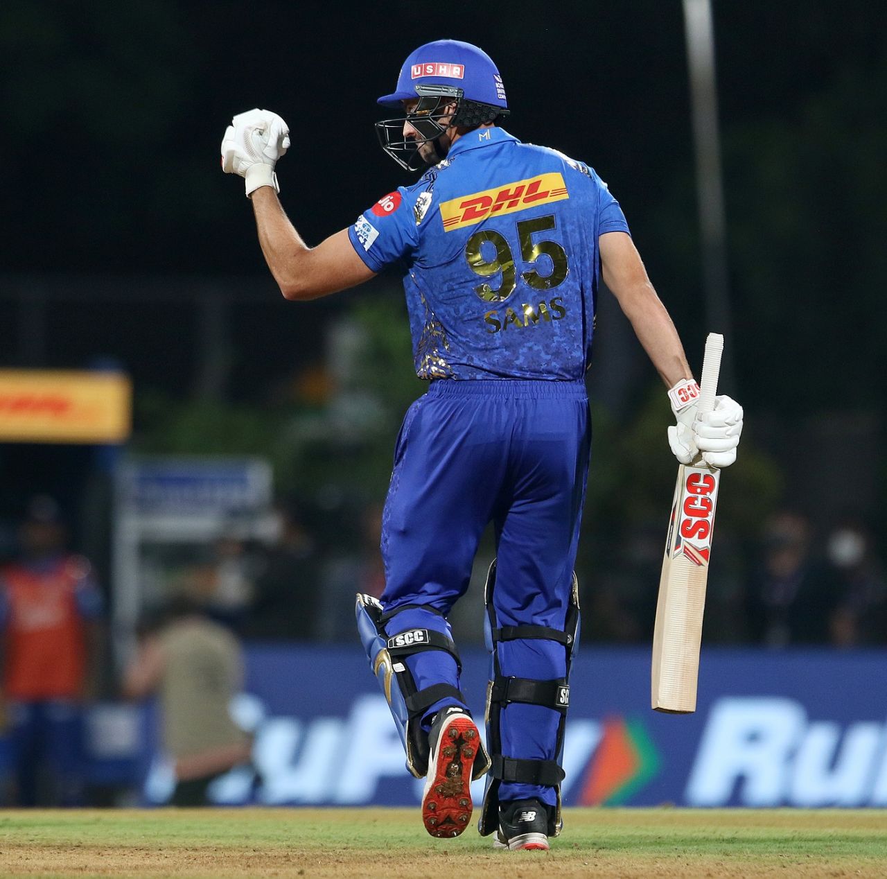 Daniel Sams is ecstatic as Mumbai recorded their first win of the season, Mumbai Indians vs Rajasthan Royals, IPL 2022, DY Patil, Navi Mumbai, April 30, 2022