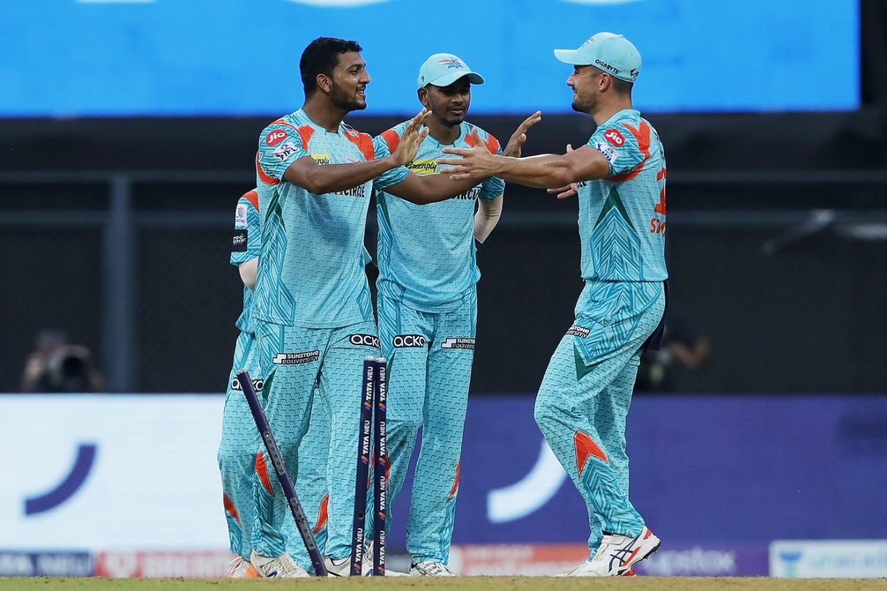 Mohsin Khan and Marcus Stoinis celebrate a wicket, Delhi Capitals vs Lucknow Super Giants, IPL 2022, Wankhede Stadium, May 1, 2022