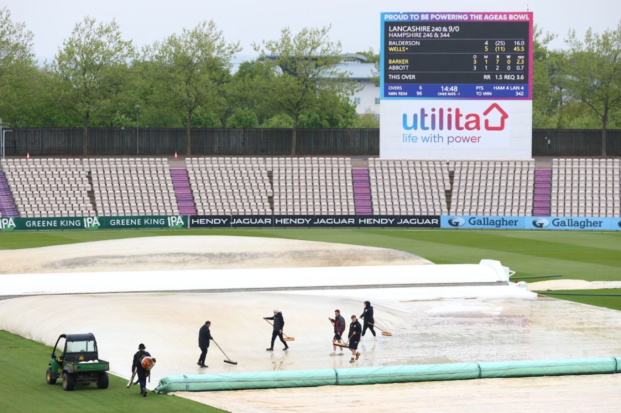 The Ageas Bowl groundstaff attempt to mop up on the final day, Hampshire vs Lancashire, LV= Championship, May 1, 2022