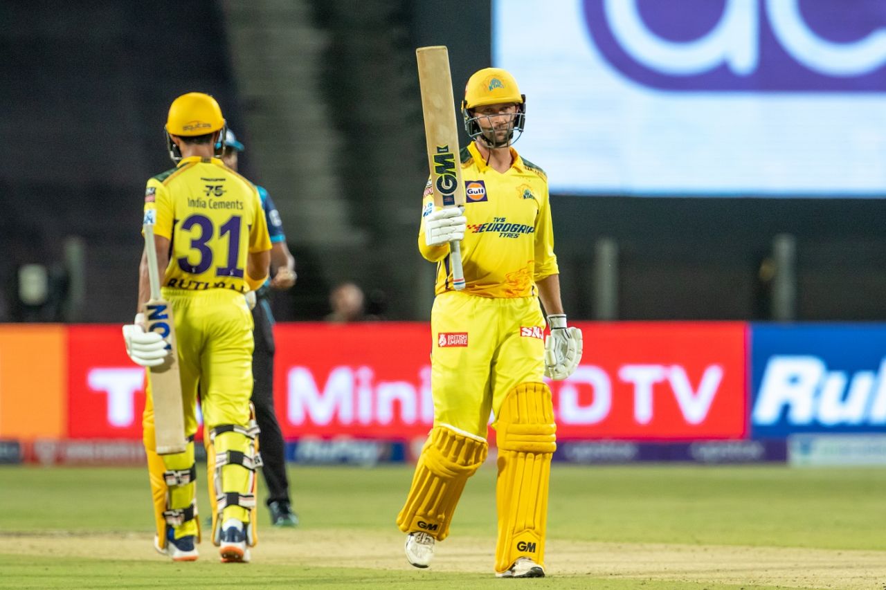 Devon Conway celebrates after reaching his fifty, Chennai Super Kings vs Sunrisers Hyderabad, IPL 2022, Pune, May 1, 2022