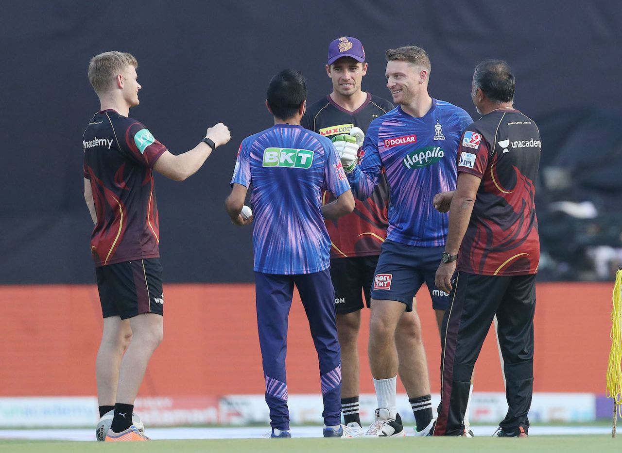 Members of the two contingents catch up before the game, Kolkata Knight Riders vs Rajasthan Royals, IPL 2022, Wankhede Stadium, Mumbai, May 2, 2022