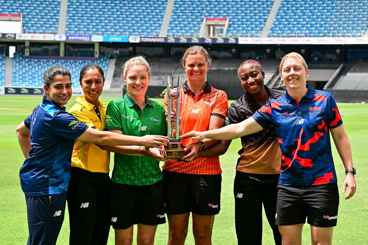 Sana Mir, Sindhu Sriharsha, Nicola Carey, Suzie Bates, Stafanie Taylor and Heather Knight pose with the trophy, FairBreak Invitational, Dubai, May 2, 2022