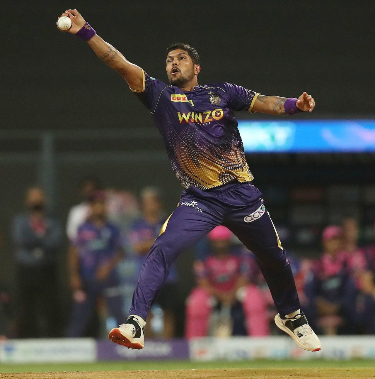 Umesh Yadav manages to get to the ball in his follow through - he grabbed the chance to send back Devdutt Padikkal, Kolkata Knight Riders vs Rajasthan Royals, IPL 2022, Wankhede Stadium, Mumbai, May 2, 2022
