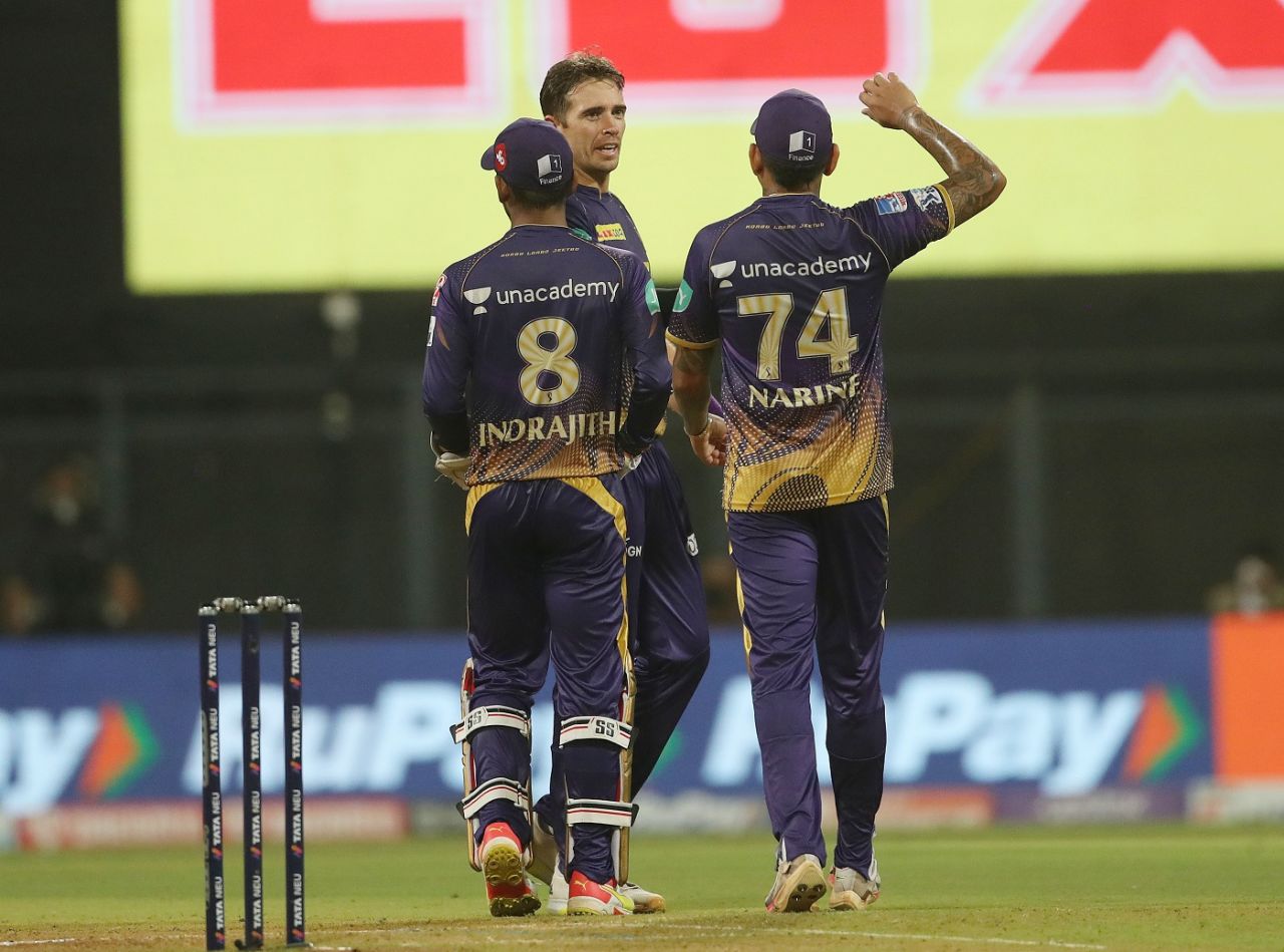 Tim Southee picked up his second wicket in the form of Riyan Parag for 19, Kolkata Knight Riders vs Rajasthan Royals, IPL 2022, Wankhede Stadium, Mumbai, May 2, 2022