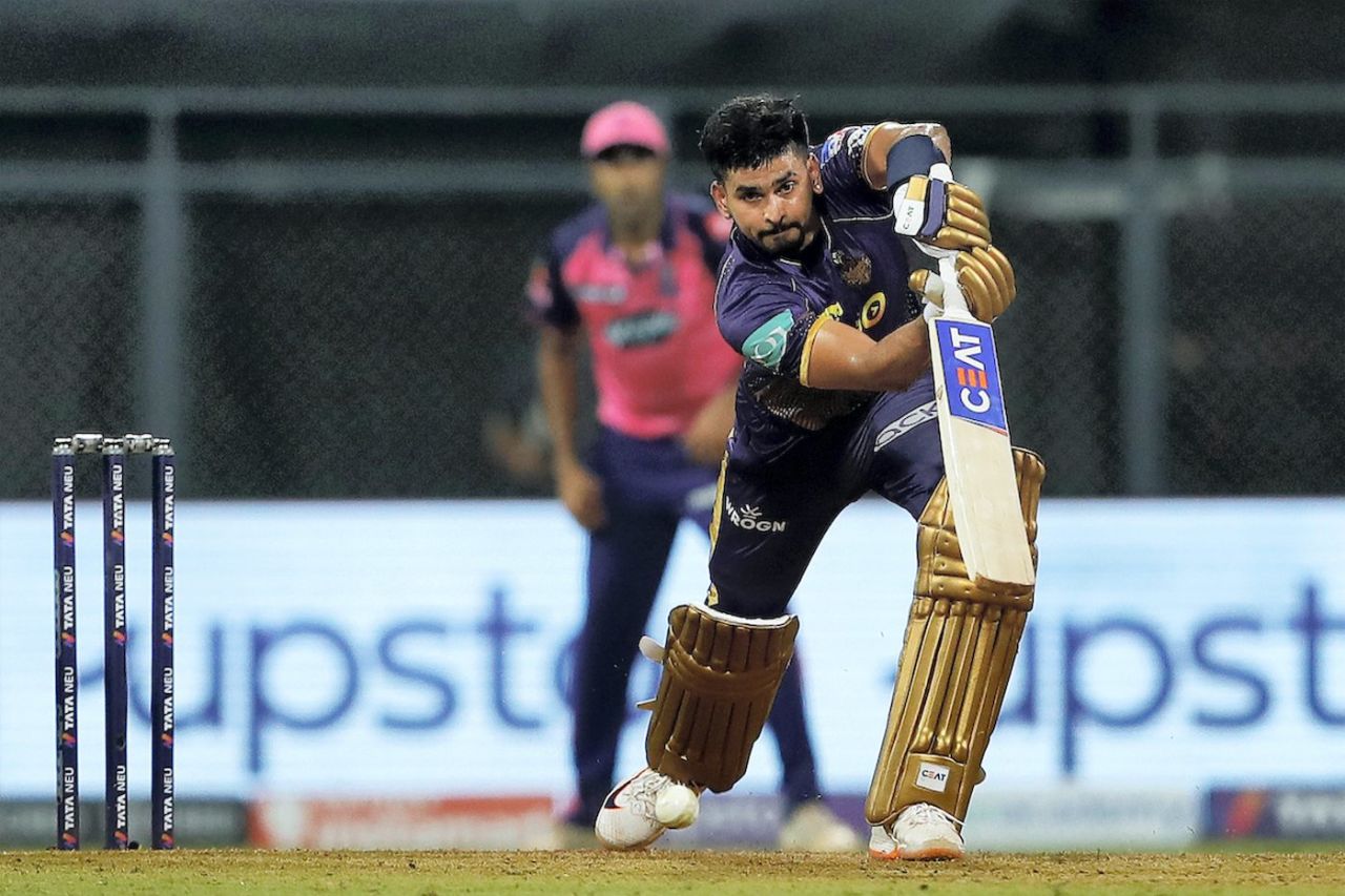 Shreyas Iyer looks for the right spot to play through on the off side, Kolkata Knight Riders vs Rajasthan Royals, IPL 2022, Wankhede Stadium, Mumbai, May 2, 2022
