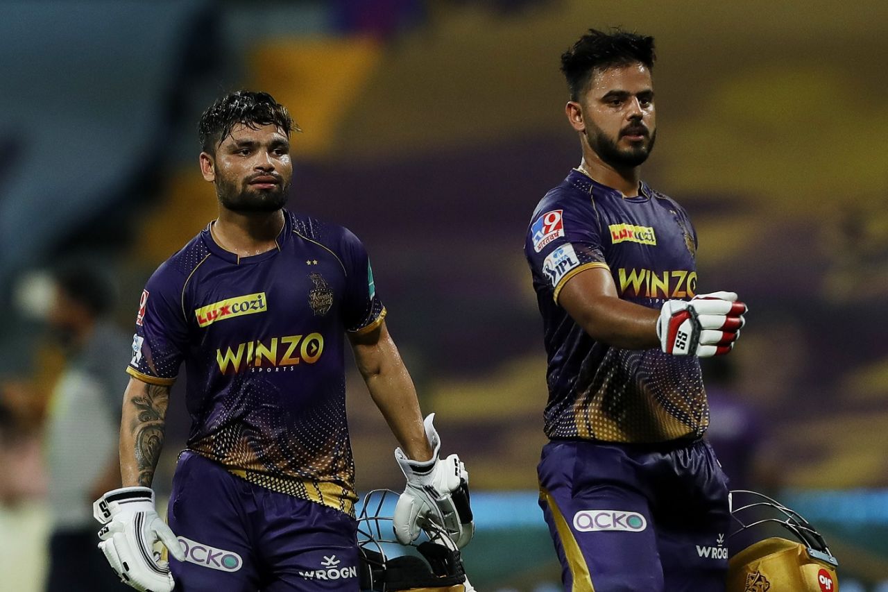 Nitish Rana and Rinku Singh walk back after taking KKR to a win, Kolkata Knight Riders vs Rajasthan Royals, IPL 2022, Wankhede Stadium, Mumbai, May 2, 2022