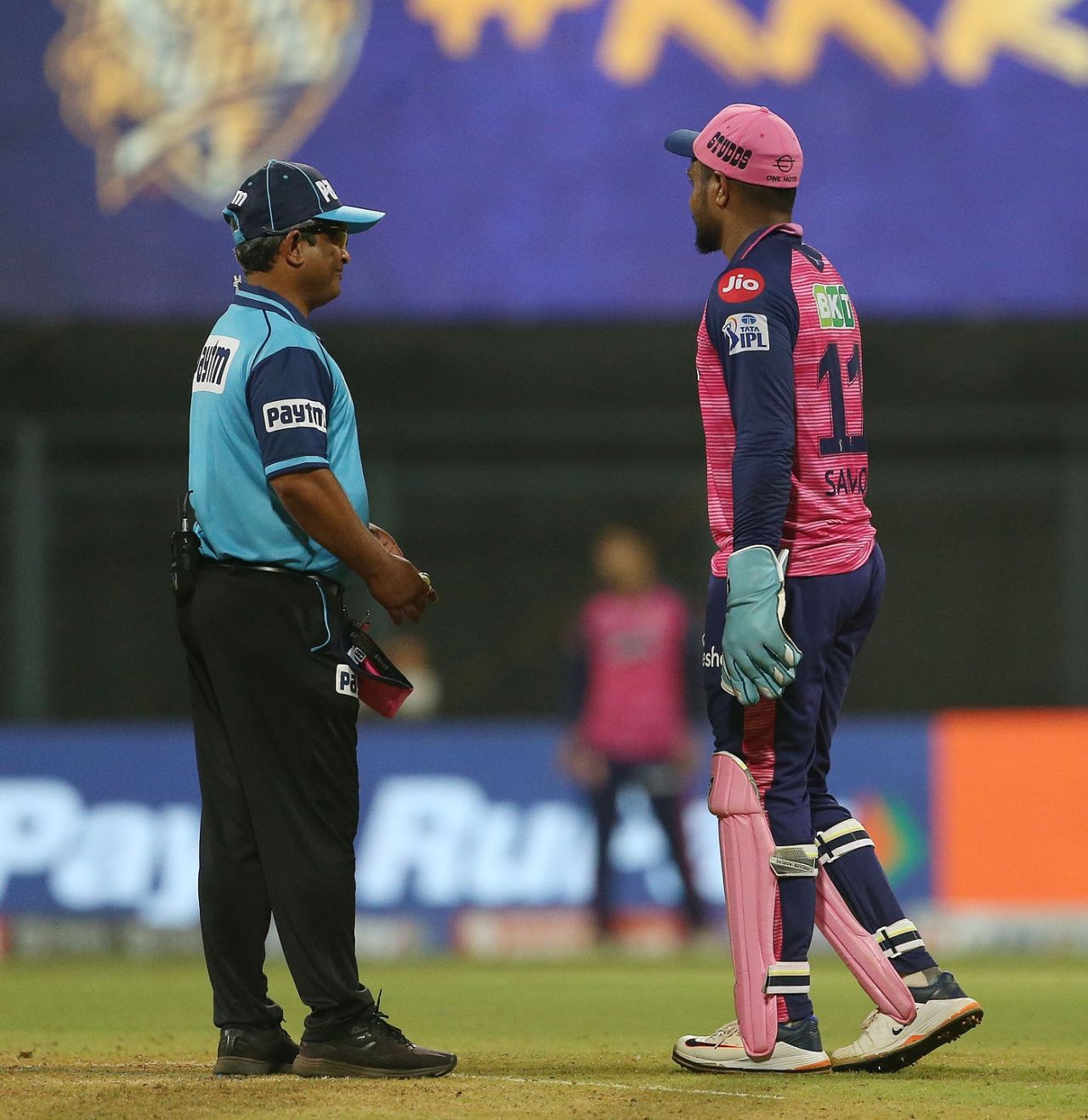 Sanju Samson has a word with the on-field umpire Nitin Pandit about a few close wide calls, Kolkata Knight Riders vs Rajasthan Royals, IPL 2022, Wankhede Stadium, Mumbai, May 2, 2022