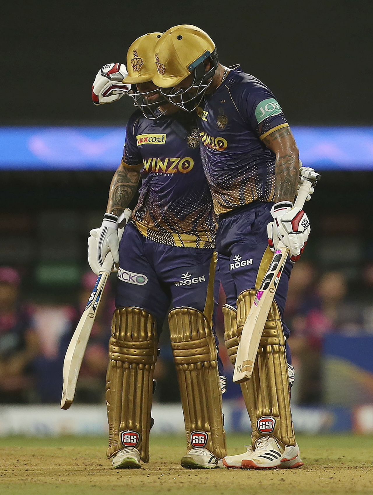 Job done! Nitish Rana and Rinku Singh hug it out after completing the win, Kolkata Knight Riders vs Rajasthan Royals, IPL 2022, Wankhede Stadium, Mumbai, May 2, 2022