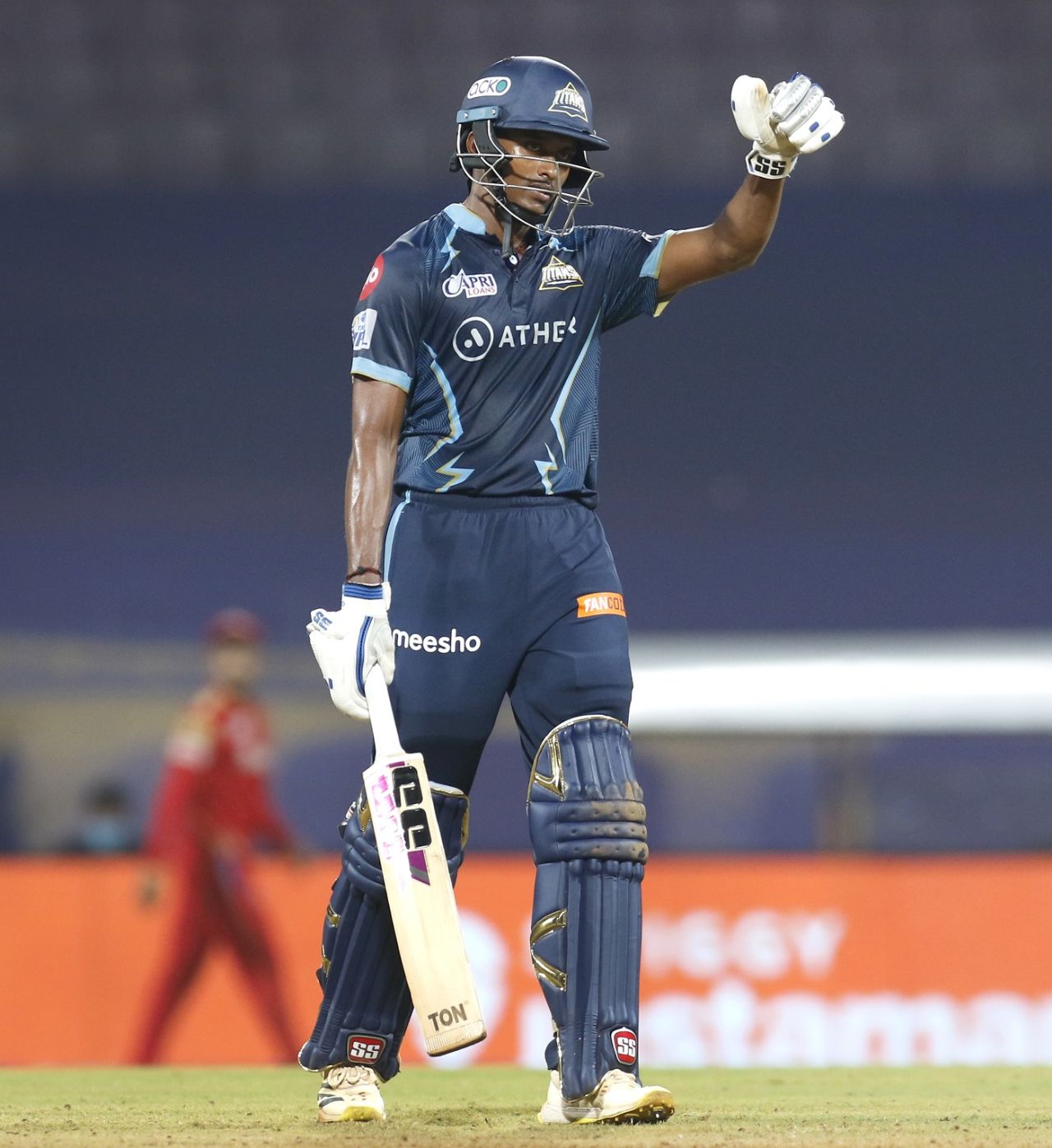 Sai Sudharsan acknowledges the dugout after reaching his maiden IPL half-century, Gujarat Titans vs Punjab Kings, IPL 2022, DY Patil Stadium, Mumbai, May 3, 2022