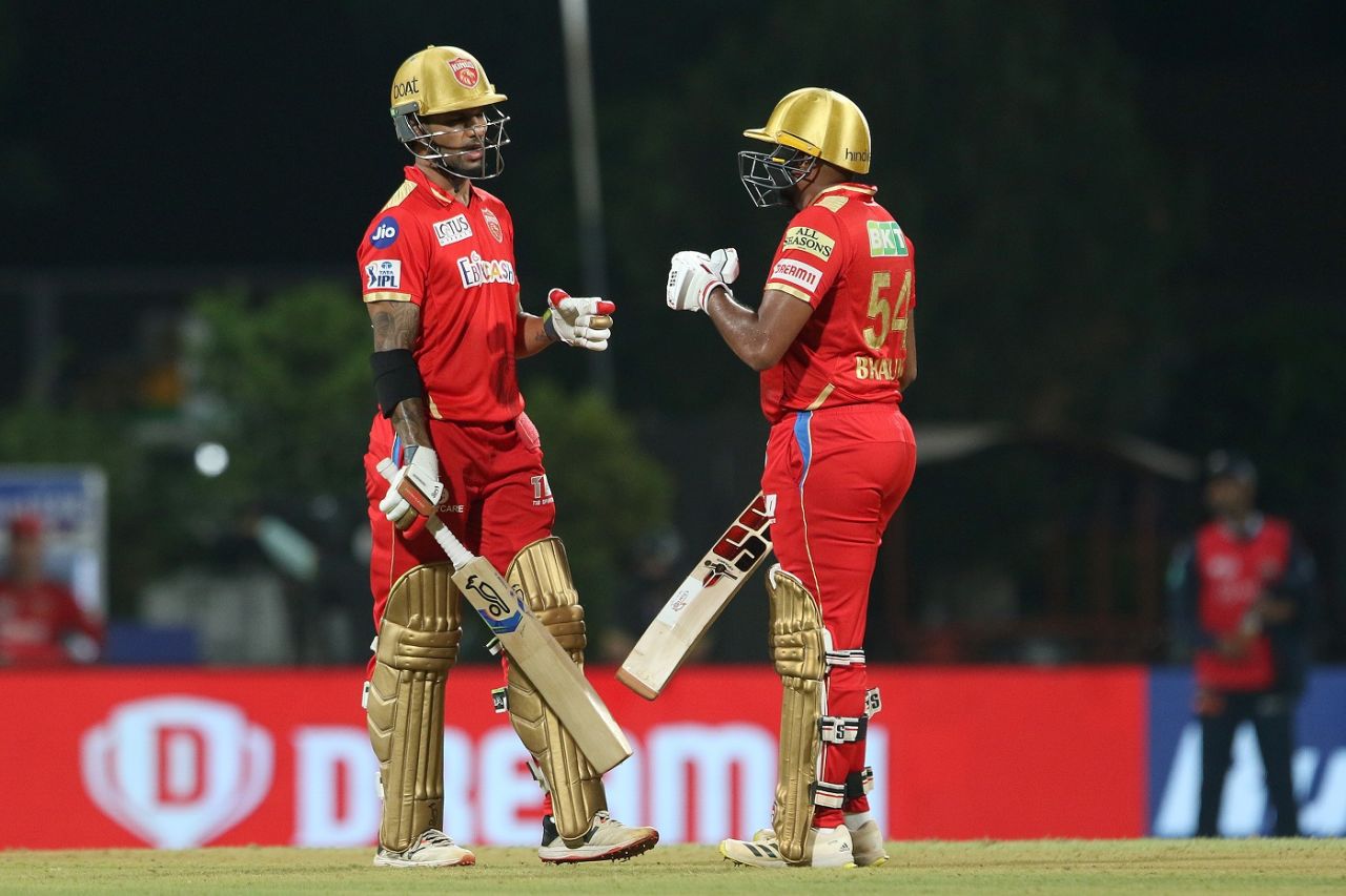 Bhanuka Rajapaksa and Shikhar Dhawan shared a crucial second-wicket stand after Bairstow fell early, Gujarat Titans vs Punjab Kings, IPL 2022, DY Patil Stadium, Mumbai, May 3, 2022