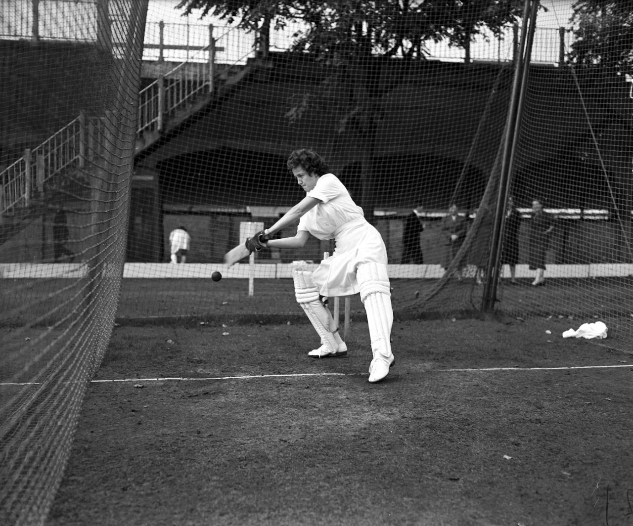 Rachael Heyhoe Flint practises her batting in the nets, August 15, 1960