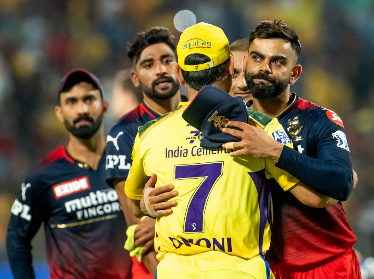 That's the match - Virat Kohli and MS Dhoni catch up after the game, Chennai Super Kings vs Royal Challengers Bangalore, IPL 2022, Pune, May 4, 2022