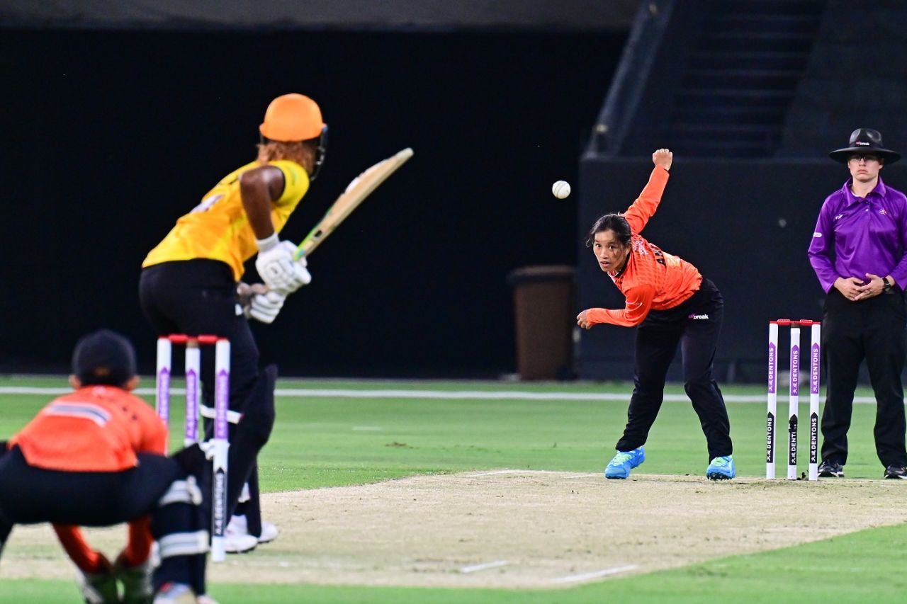 Anju Gurung of Bhutan bowls to Hayley Matthews, Warriors vs Falcons, FairBreak Invitational Tournament 2022, Dubai, May 04, 2022