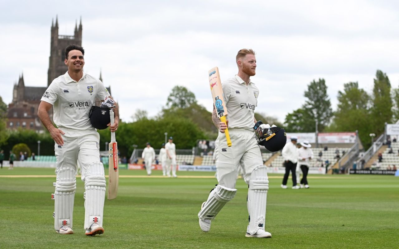 Ben Stokes and David Bedingham leave the field at lunch after a remarkable morning session, Worcestershire vs Durham, LV= Insurance Championship, Division Two, New Road, 2nd day, May 6, 2022